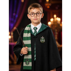 Kids Wizard Costume Set, Black Hooded Robe with Green Striped Scarf, Tie, Wand