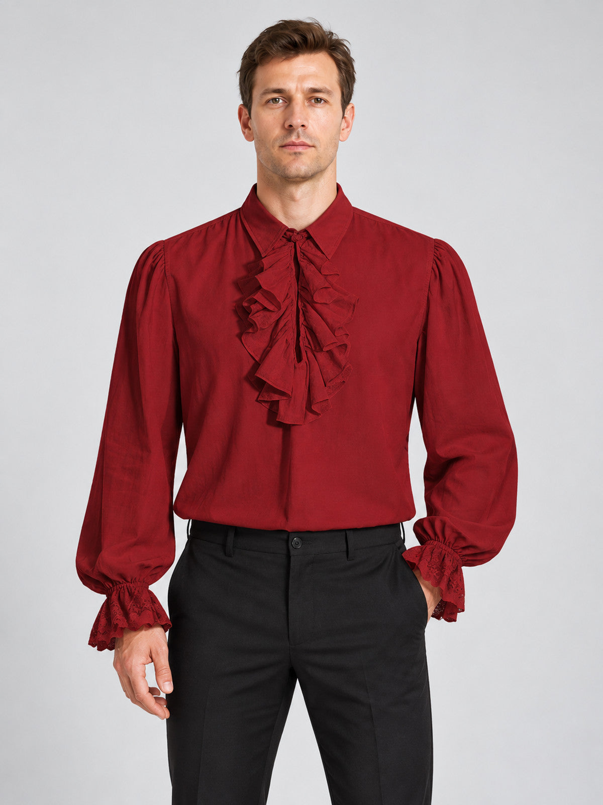 Red shirt with jabot, ruffles, and long sleeves