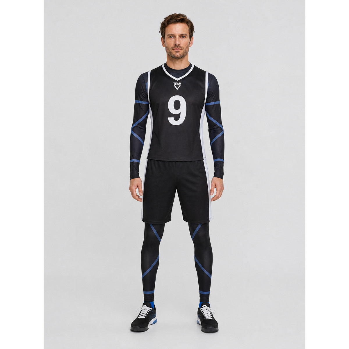 Soccer cosplay costume with No. 9, blue and white on-model view