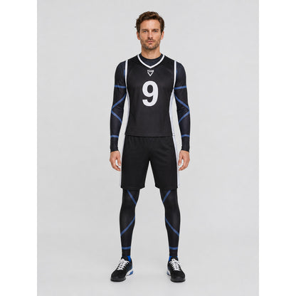 Soccer cosplay costume with No. 9, blue and white on-model view
