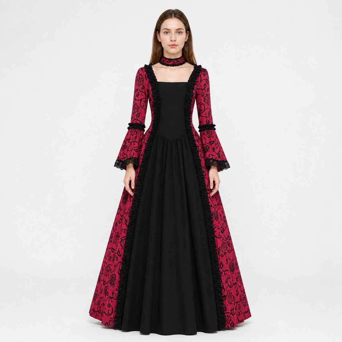 Women’s Gothic Medieval Court Costume Dress 2pcs Set With Neck Accessory, Red Black Scroll Print, Square Neck Long Sleeve Cosplay Outfit