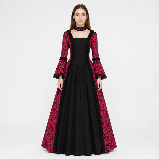 Women’s Gothic Medieval Court Costume Dress 2pcs Set With Neck Accessory, Red Black Scroll Print, Square Neck Long Sleeve Cosplay Outfit