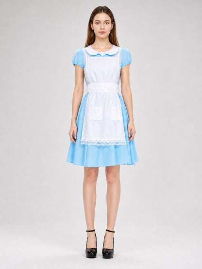 Dress with White Apron and Lace Trim on-model view