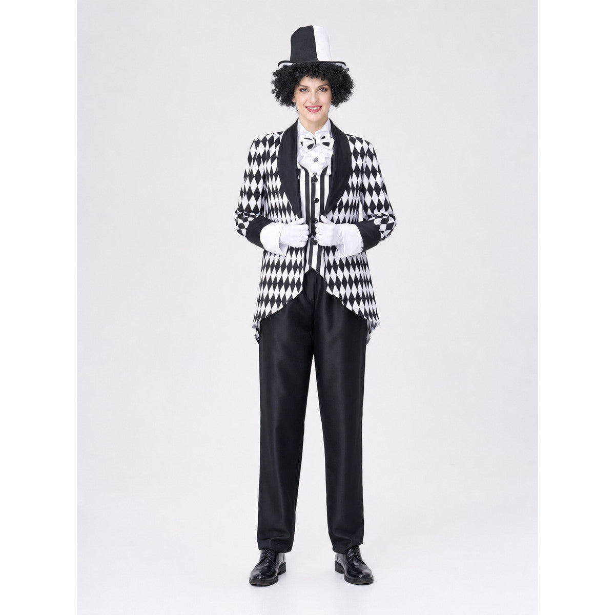 Black and White Harlequin Carnival Costume on-model view