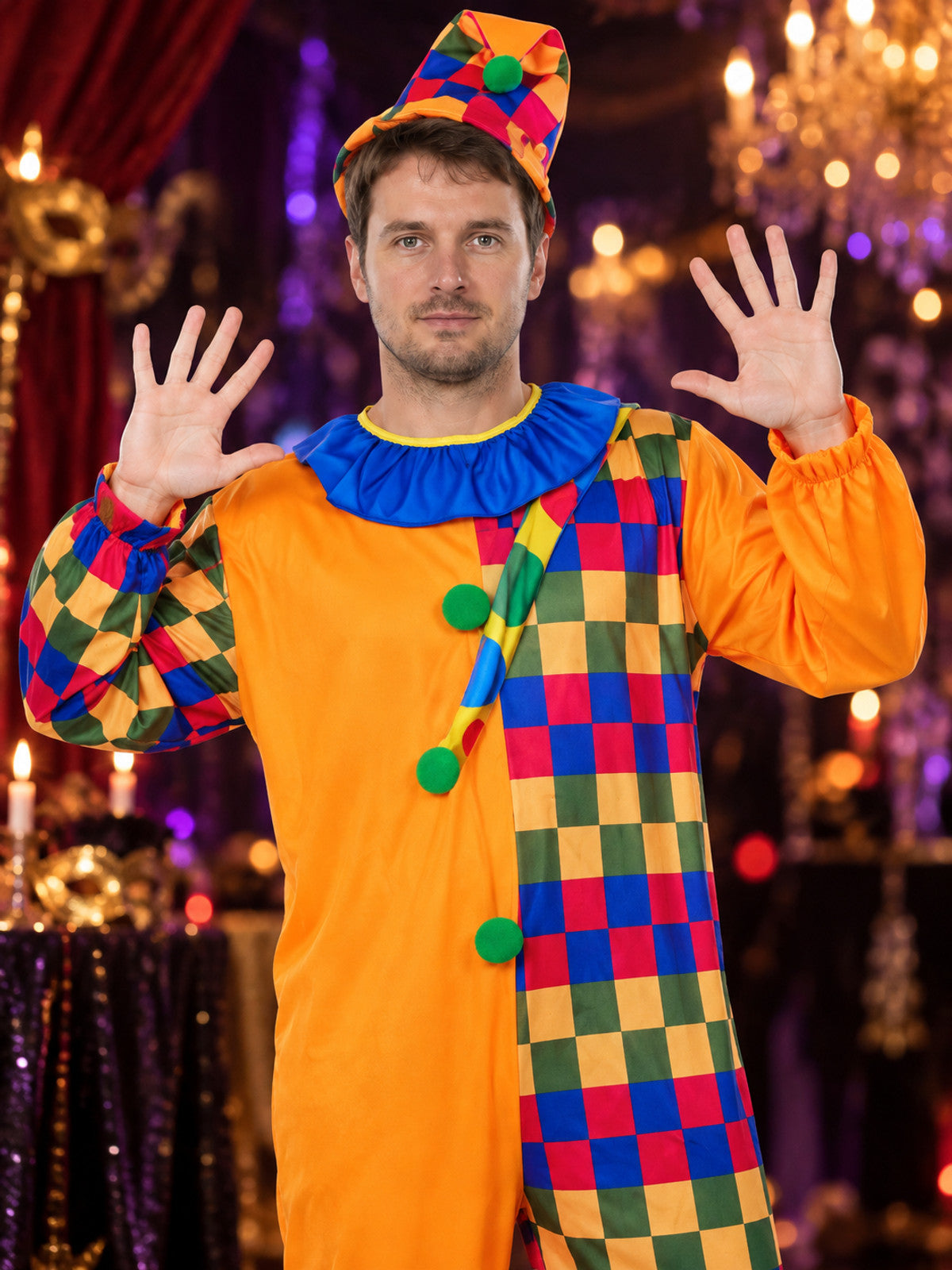 Bright Adult Clown Costume with Ruffle Collar and Hat