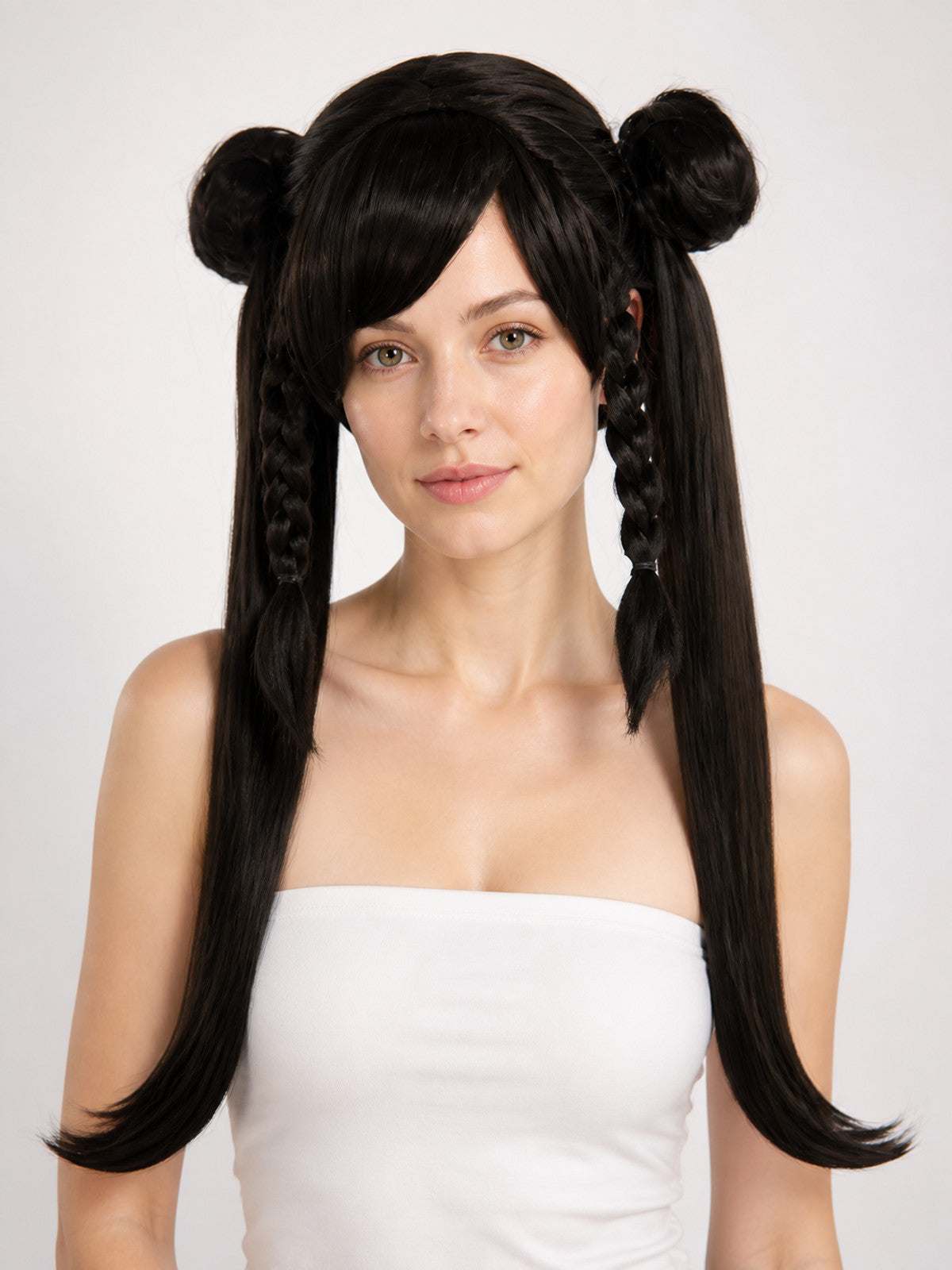 Black Cosplay Wig with Braids and Two Buns main product view