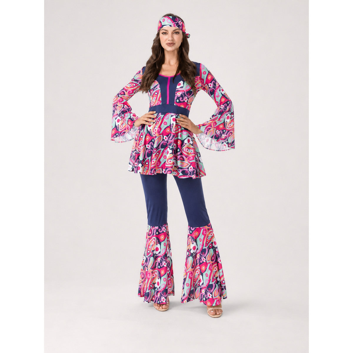 ’70s Retro Disco Costume with Headband and Flared Pants on-model view