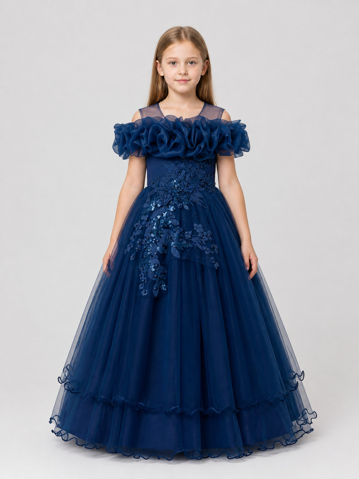 Girls' Princess Dress, Full Skirt, Sequins, Dark Blue on-model view