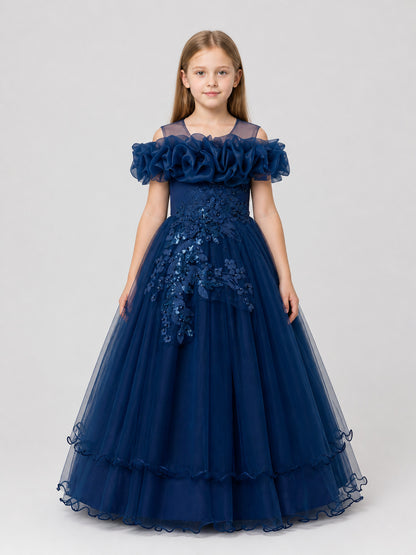 Girls' Princess Dress, Full Skirt, Sequins, Dark Blue on-model view
