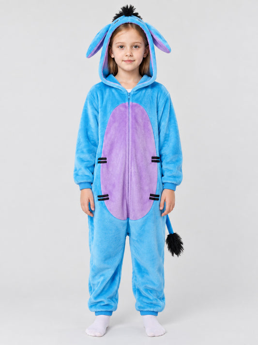 Blue Pajama Jumpsuit with Hood, Ears, and Tail