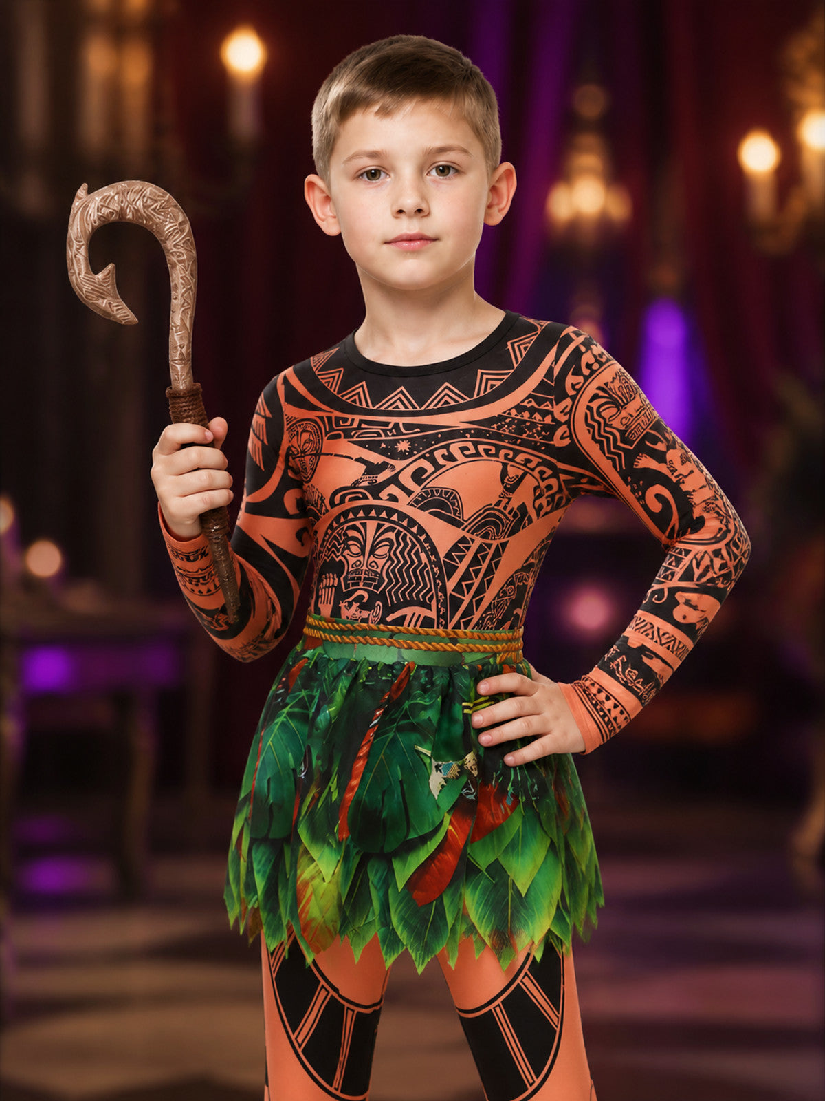 Boy's Moana Tribal Print Onesie Costume Set with Fish Hook, Halloween Outfit on-model view