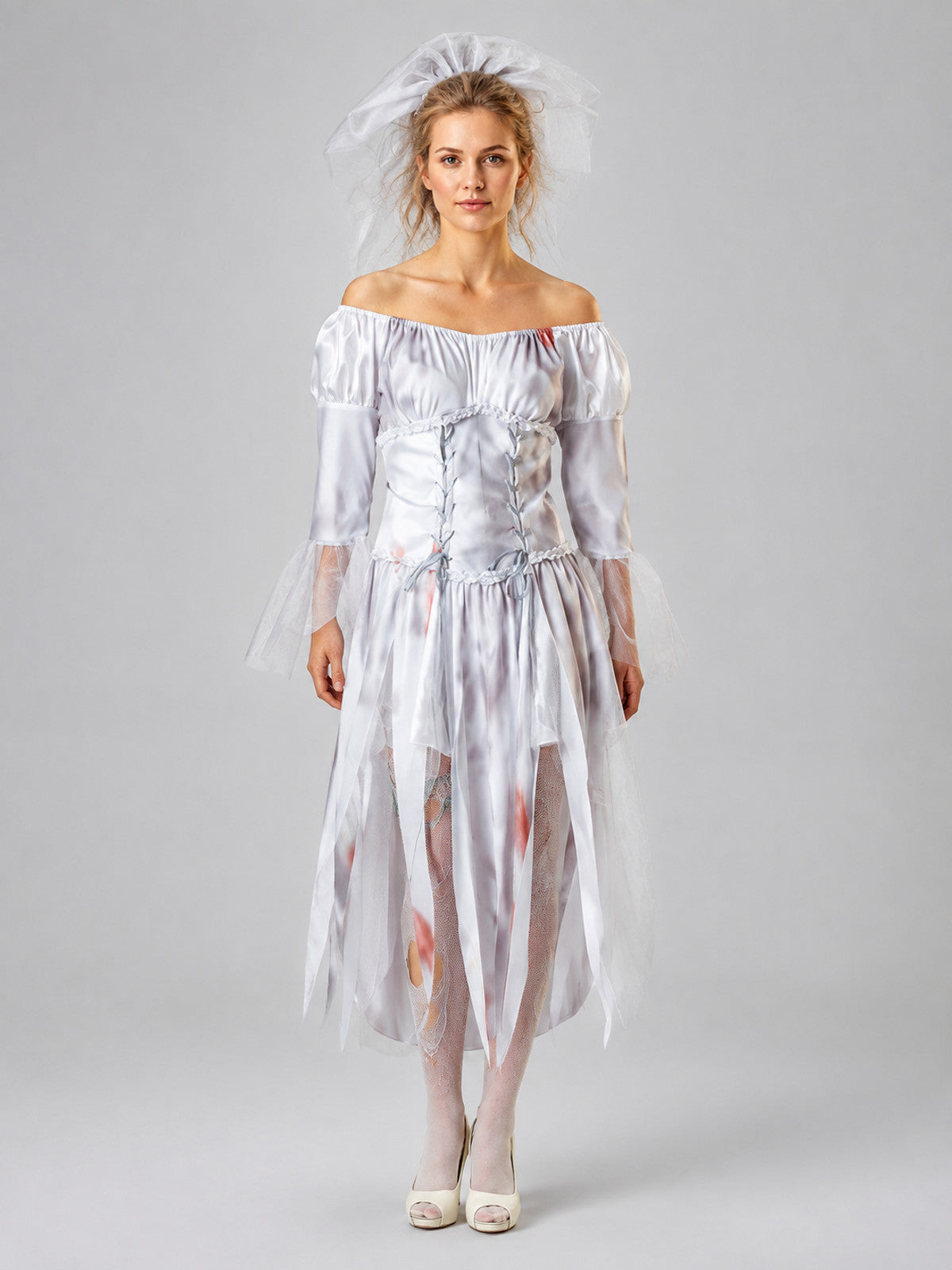 Ghost Bride Costume with Layered Skirt on-model view