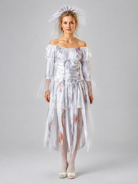Ghost Bride Costume with Layered Skirt on-model view