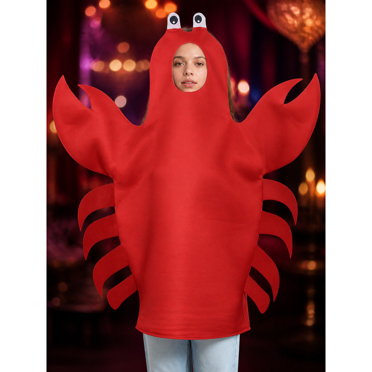 Red Crab Hooded Bodysuit Costume with Claws, Halloween Party Outfit on-model view