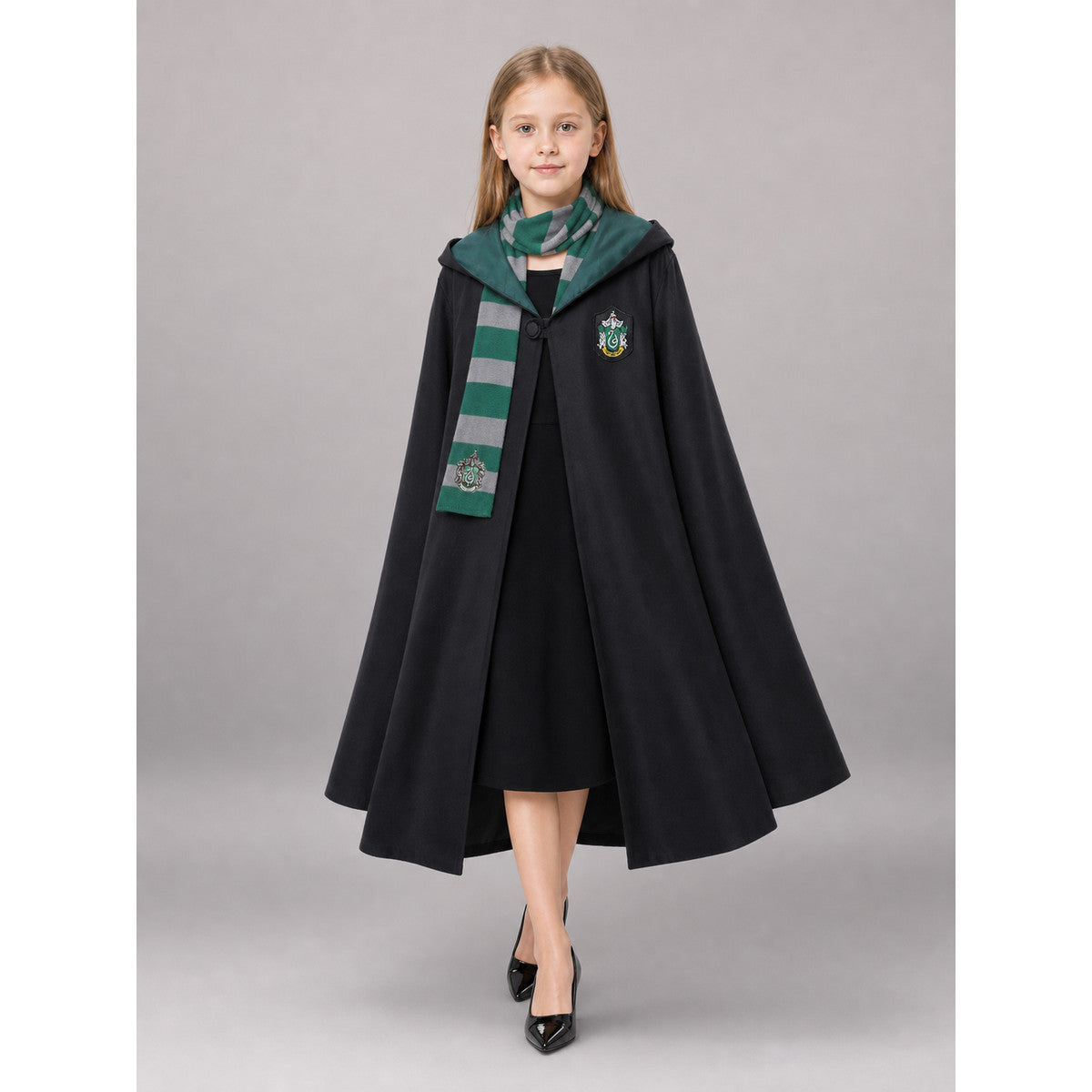 Black Hooded Carnival Cloak front view