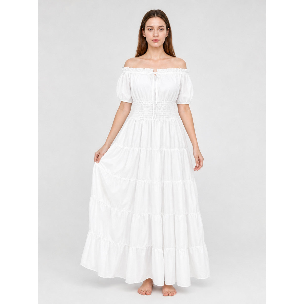 White Off-Shoulder Maxi Dress with Tiered Skirt