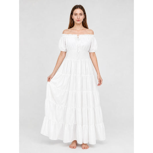 White Off-Shoulder Maxi Dress with Tiered Skirt