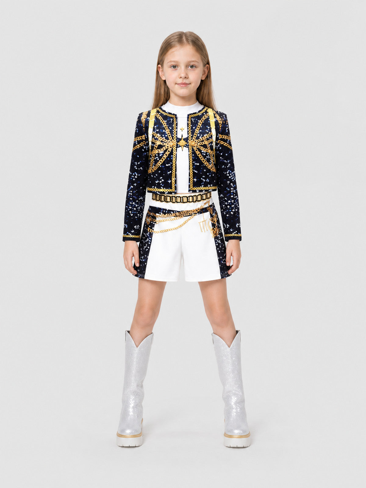 Stage Performance Costume, Top and Shorts, Sequins on-model view