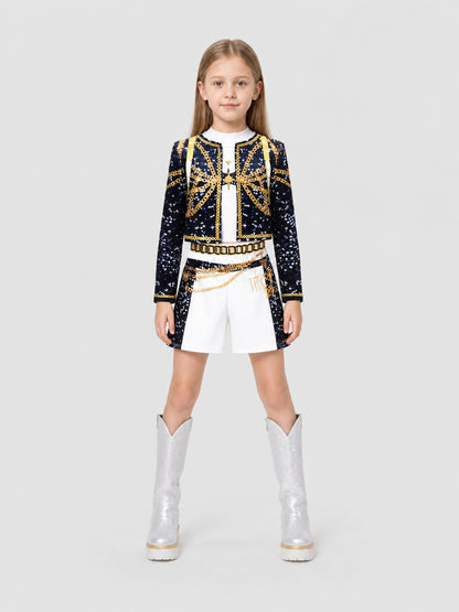 Stage Performance Costume, Top and Shorts, Sequins on-model view