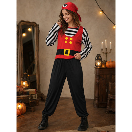 Kids Halloween Pirate Costume Set 4Pcs Red Bandana Striped Long Sleeve Vest Black Pants Toy Sword for Role Play Party