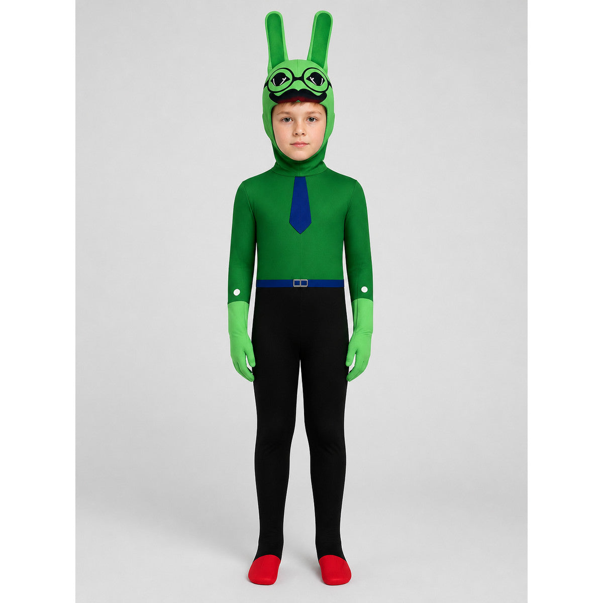 Green Bunny Jumpsuit with Ears and Tie on-model view