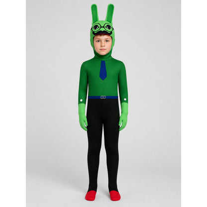 Green Bunny Jumpsuit with Ears and Tie on-model view