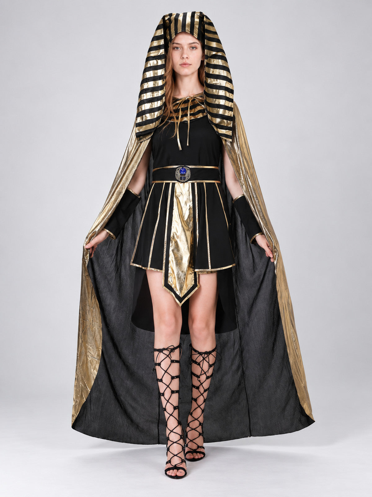 Egyptian Carnival Costume with Gold-Tone Trim on-model view