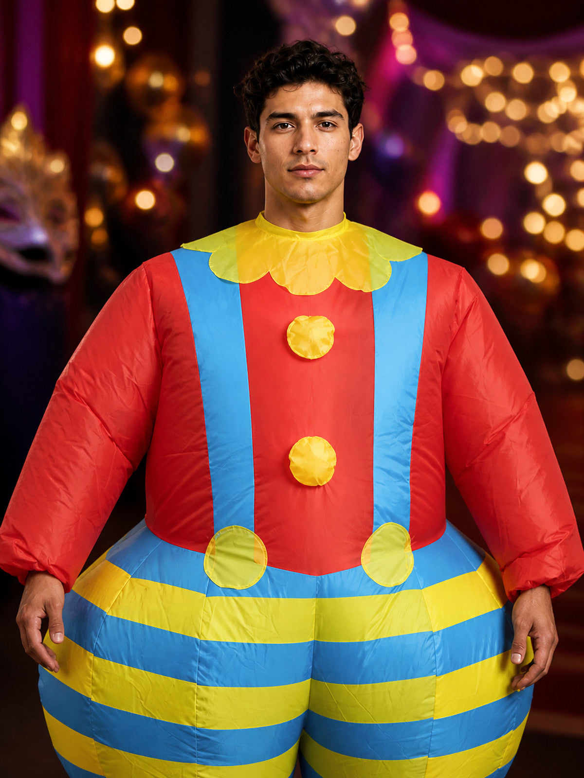 Red Blue Yellow Striped Clown Inflatable Bodysuit Costume on-model view