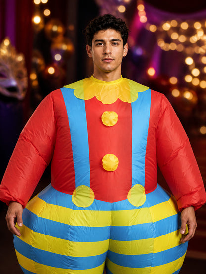 Red Blue Yellow Striped Clown Inflatable Bodysuit Costume on-model view