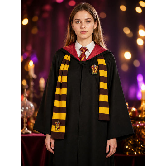Wizard Costume Set, Hooded Long Robe with Striped Tie and Scarf, Halloween on-model view