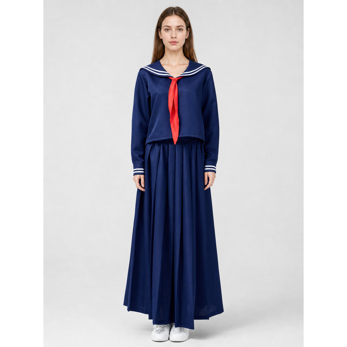 Sailor-style costume with a long pleated skirt on-model view