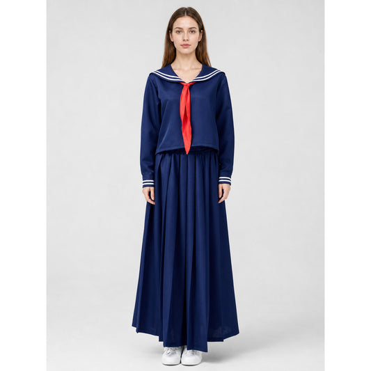 Sailor-style costume with a long pleated skirt on-model view