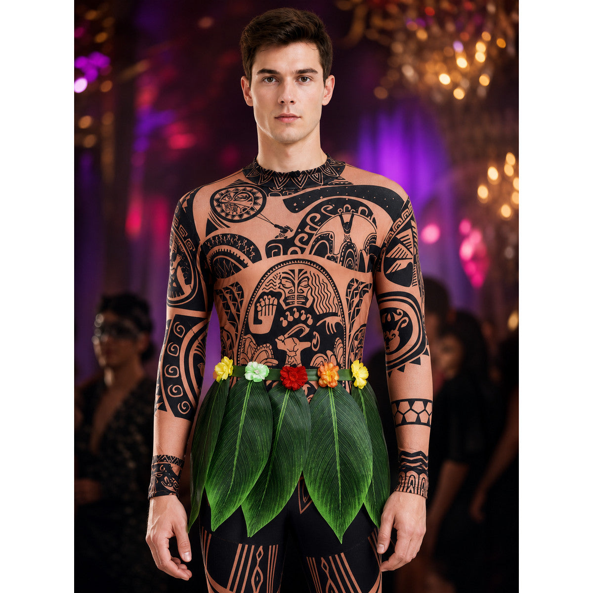 Maui Cosplay Onesie Costume with Tribal Tattoo Print, Leaf Skirt and Flower Belt on-model view