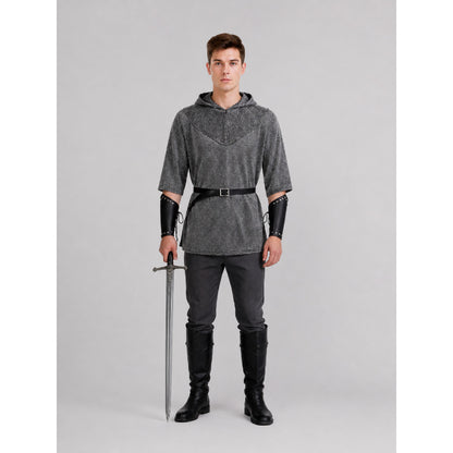 The costume is designed in the style of a medieval knight and is suitable for cosplay and stage performances. The set includes a gray hooded top with a layered front design, black pants, a belt, bracers, and greaves. The gray-and-black colo