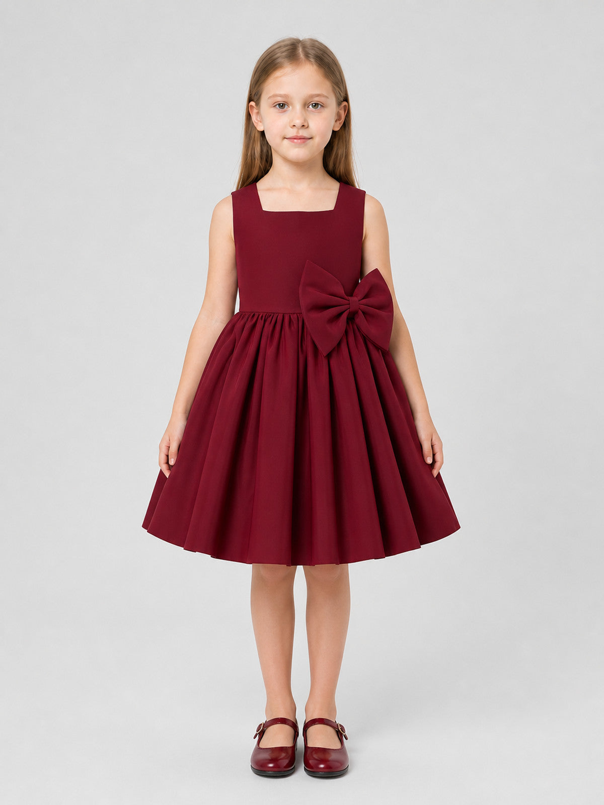 Burgundy Princess Dress for Girls with Bow on-model view
