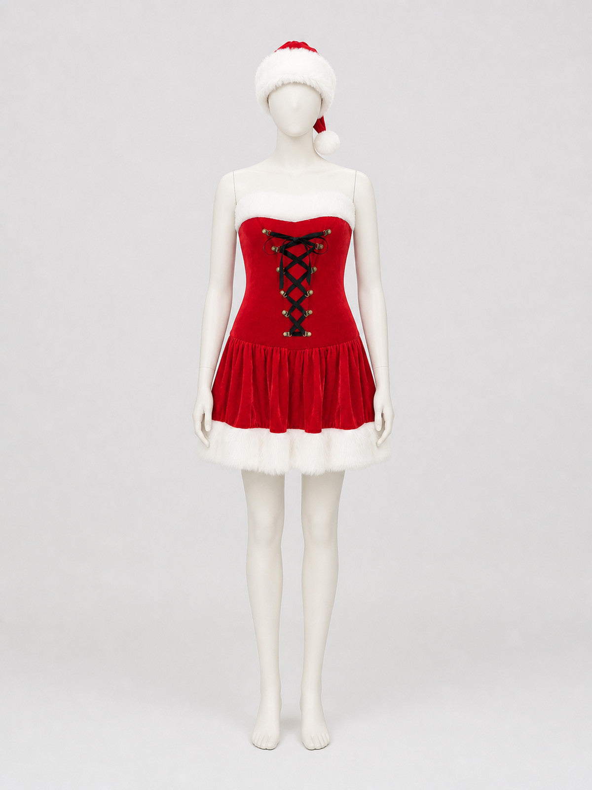Red Christmas Dress with White Trim and Hat on-model view