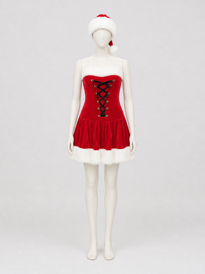 Red Christmas Dress with White Trim and Hat on-model view