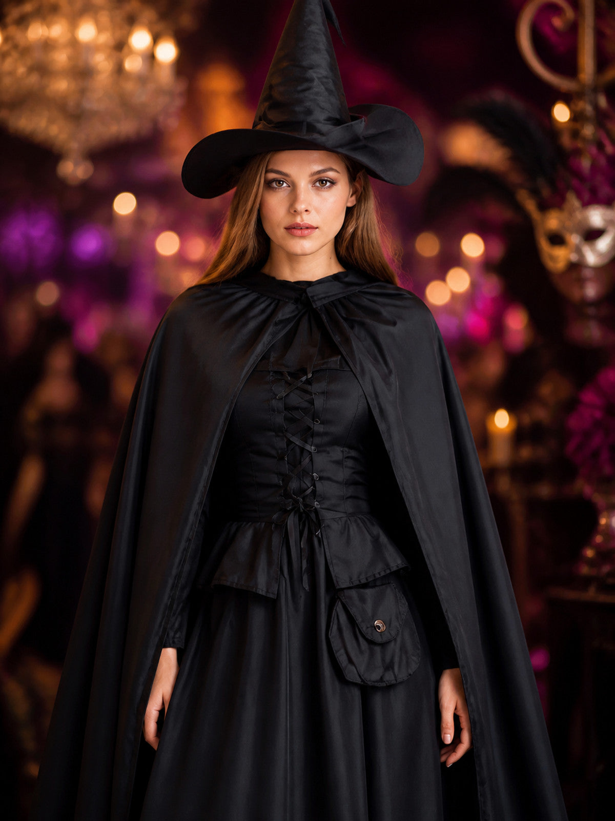 Black witch costume with hat and long cape