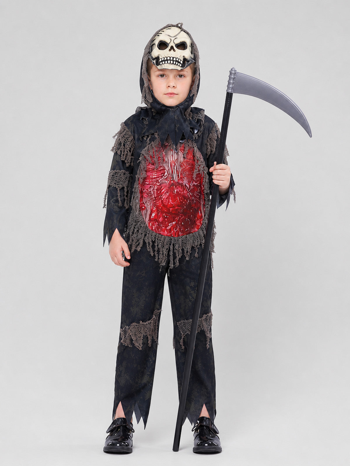 Skeleton cosplay costume with mask and scythe on-model view