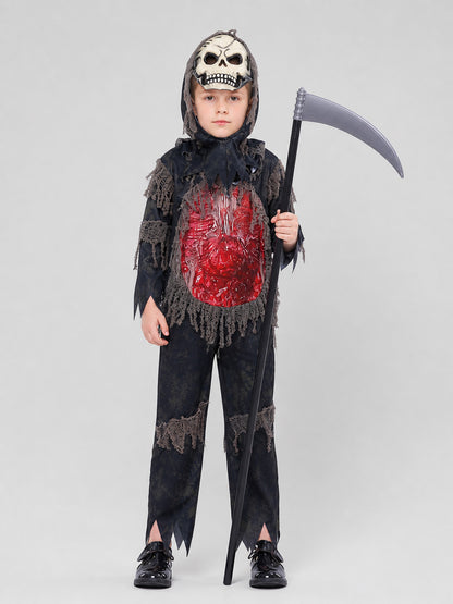 Skeleton cosplay costume with mask and scythe on-model view