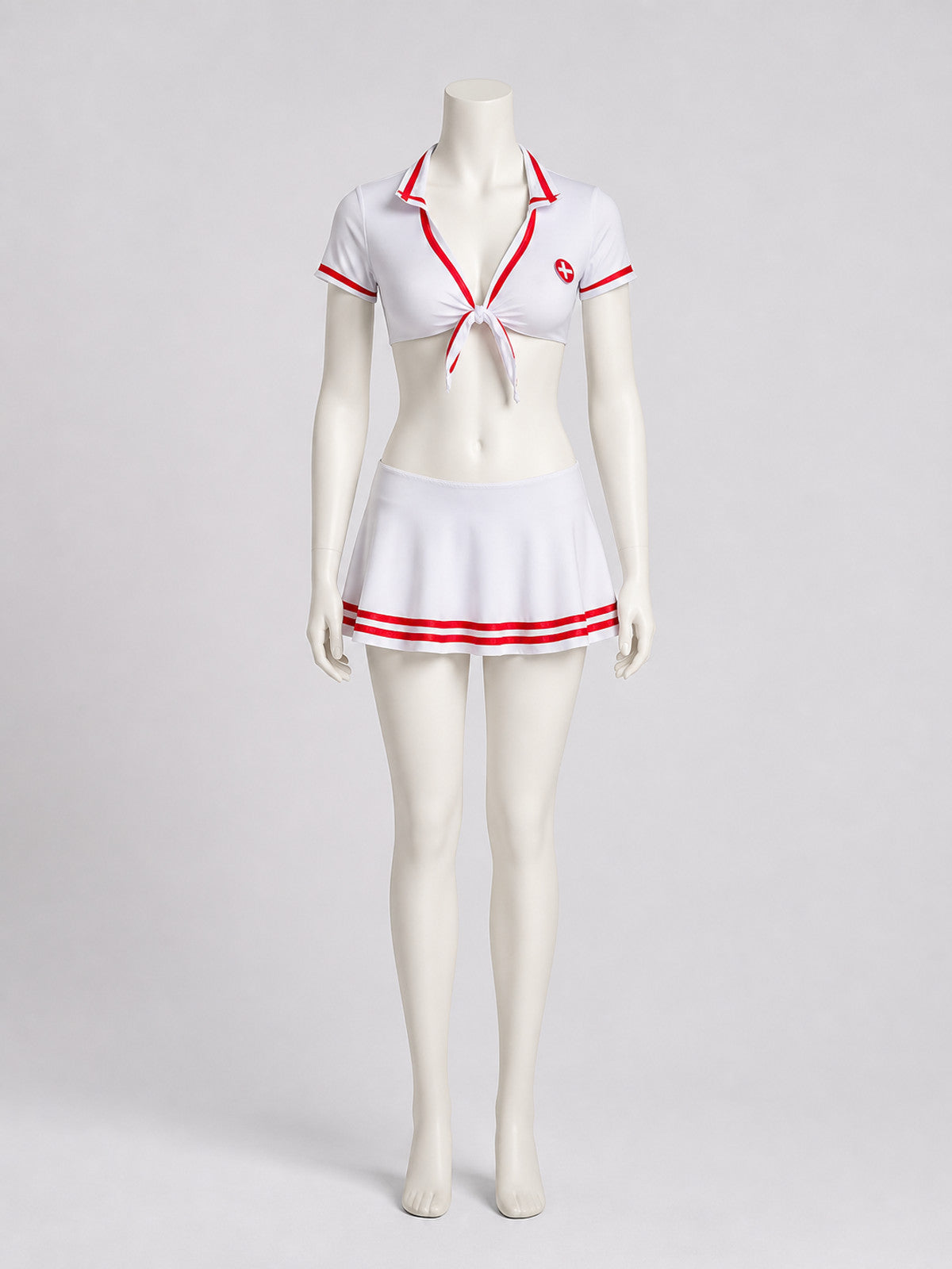 Nurse Costume: White Uniform, Skirt, Red Trim on-model view