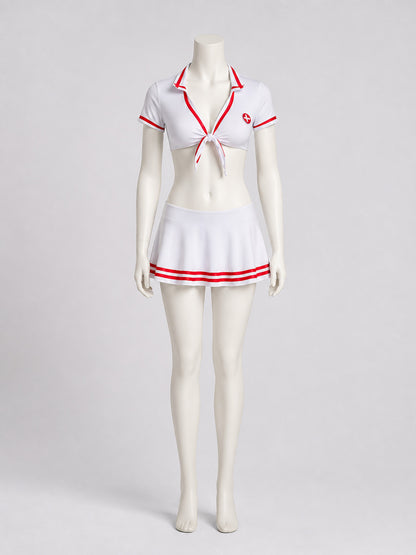 Nurse Costume: White Uniform, Skirt, Red Trim on-model view