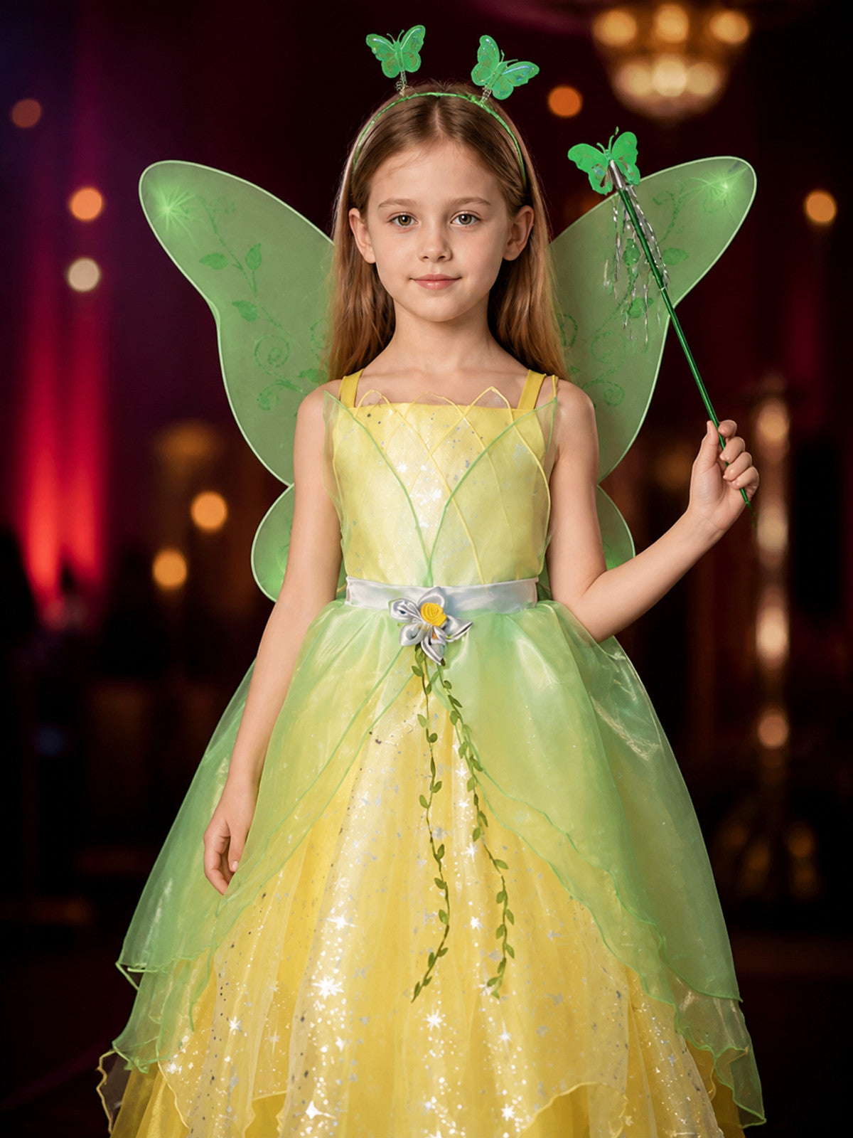 Girls Fairy Princess Costume Dress with Sparkling Tulle and Leaf Vine Pattern on-model view