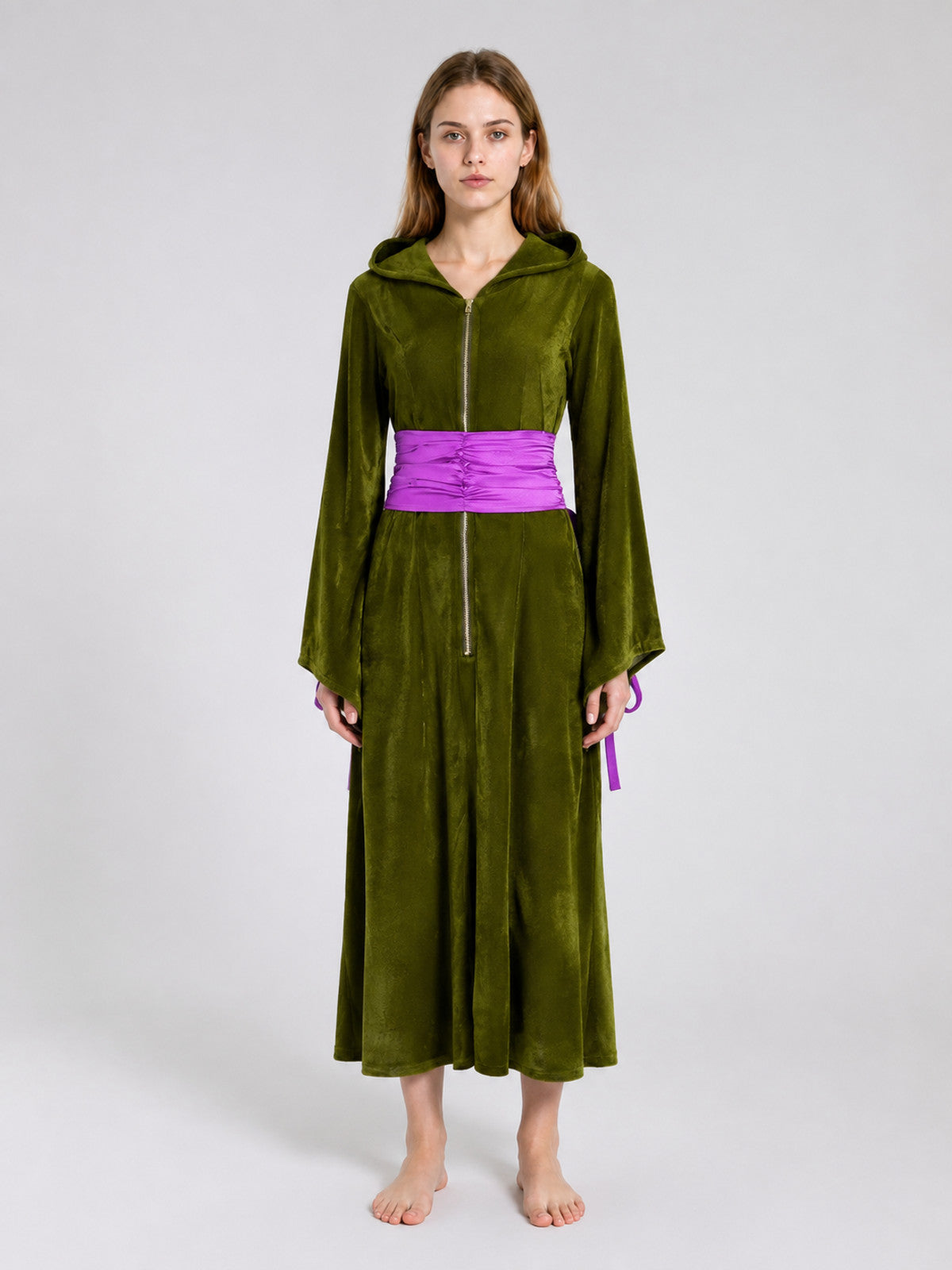 Cosplay Costume Dress with Hood and Purple Belt on-model view