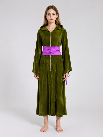 Cosplay Costume Dress with Hood and Purple Belt on-model view