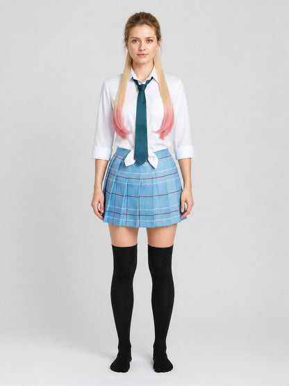 JK Cosplay Costume: Shirt, Skirt, Wig, and Knee-High Socks on-model view
