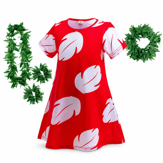 Experiment 626 Lilo Role Play Dress Hawaii Costume Children Red Frock Featured with White Feather Print - Color:dress style B