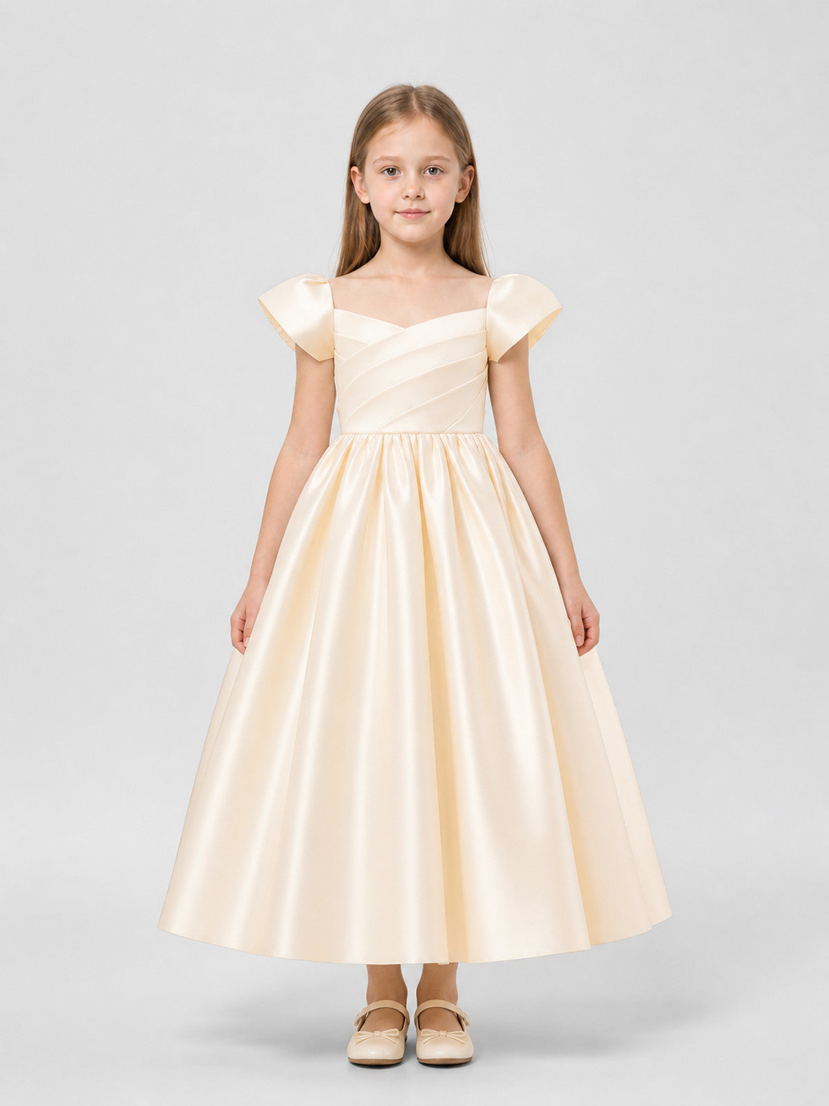 Long Princess Dress for Girls with Puff Sleeves on-model view