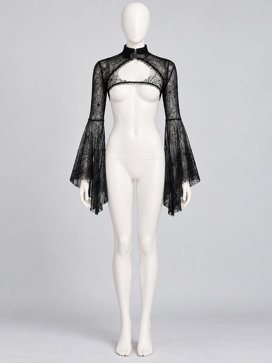 Black Mesh Bolero with Collar and Spiderweb Print on-model view