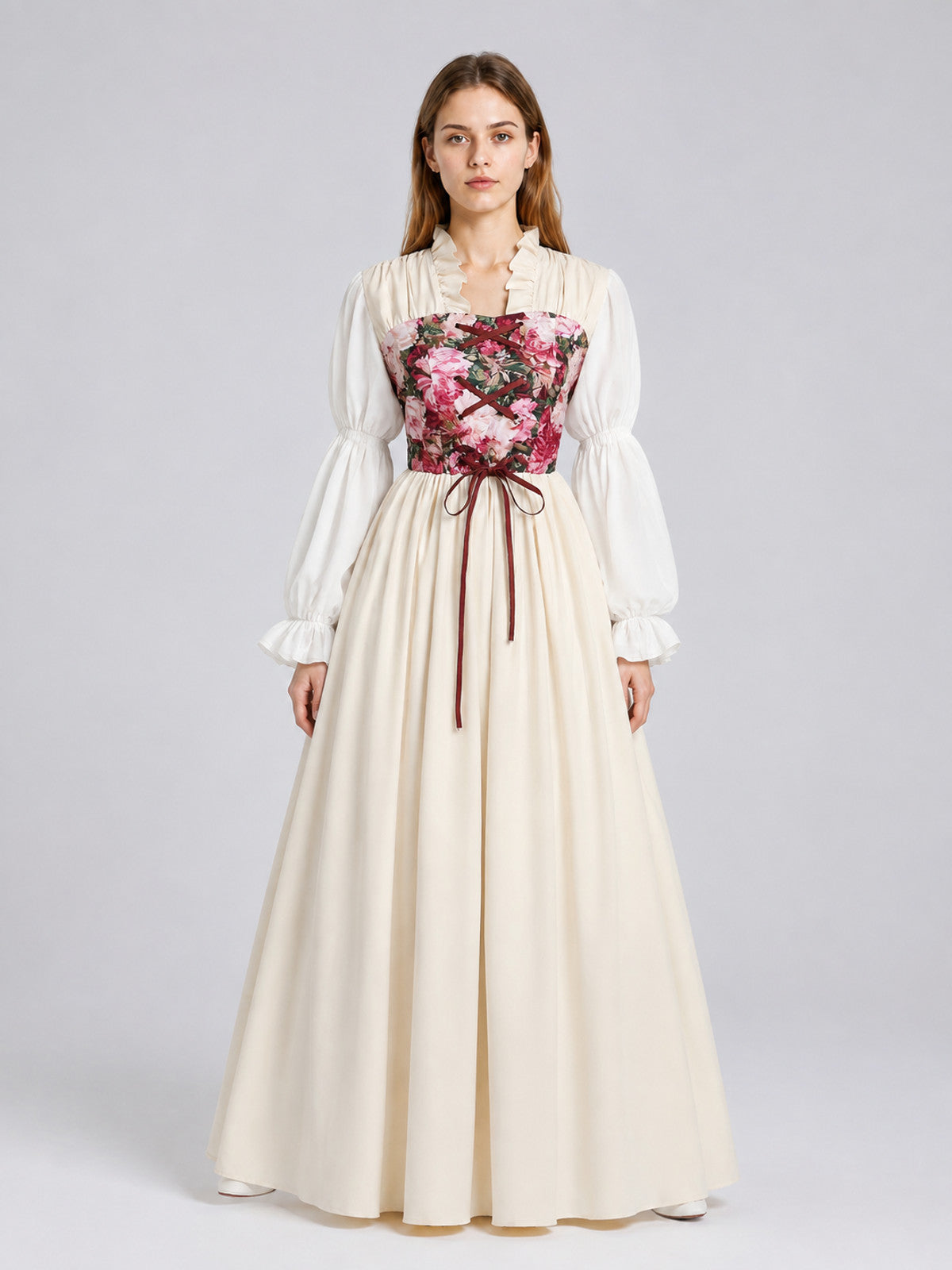 Long Dress with Corset, Ruffles, and Floral Print on-model view